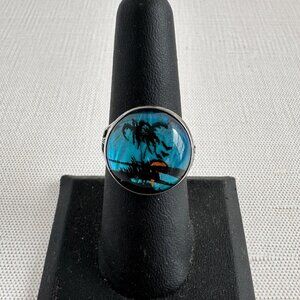 Art Deco Hoffman Sterling Butterfly Wing Ring, Scenic Convex Glass Size 8.5